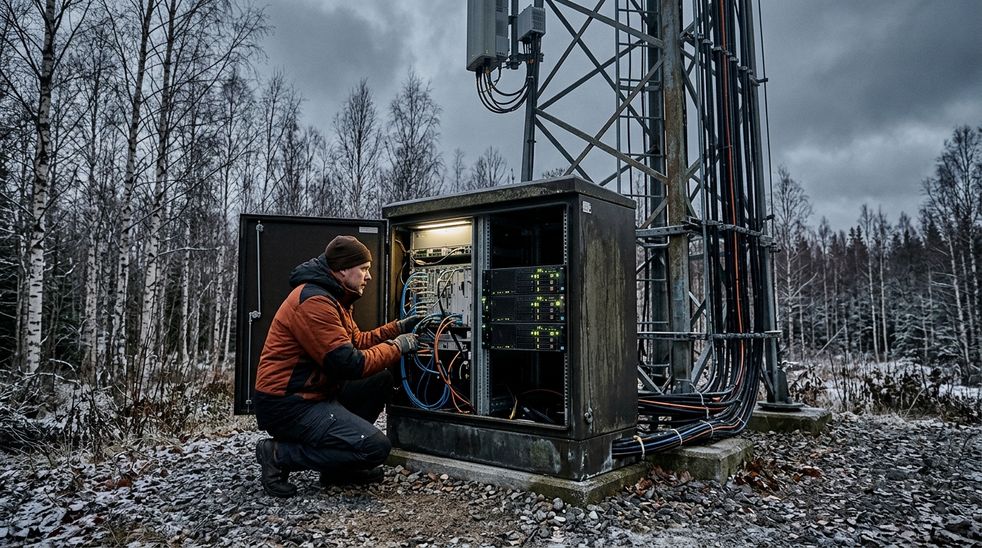 Tecnico davanti all'armadio apparati alla base di una BTS in un bosco nordico, con banda base e server affiancati: Nokia punta sulle dApp e sull'interfaccia E3 dell'open RAN