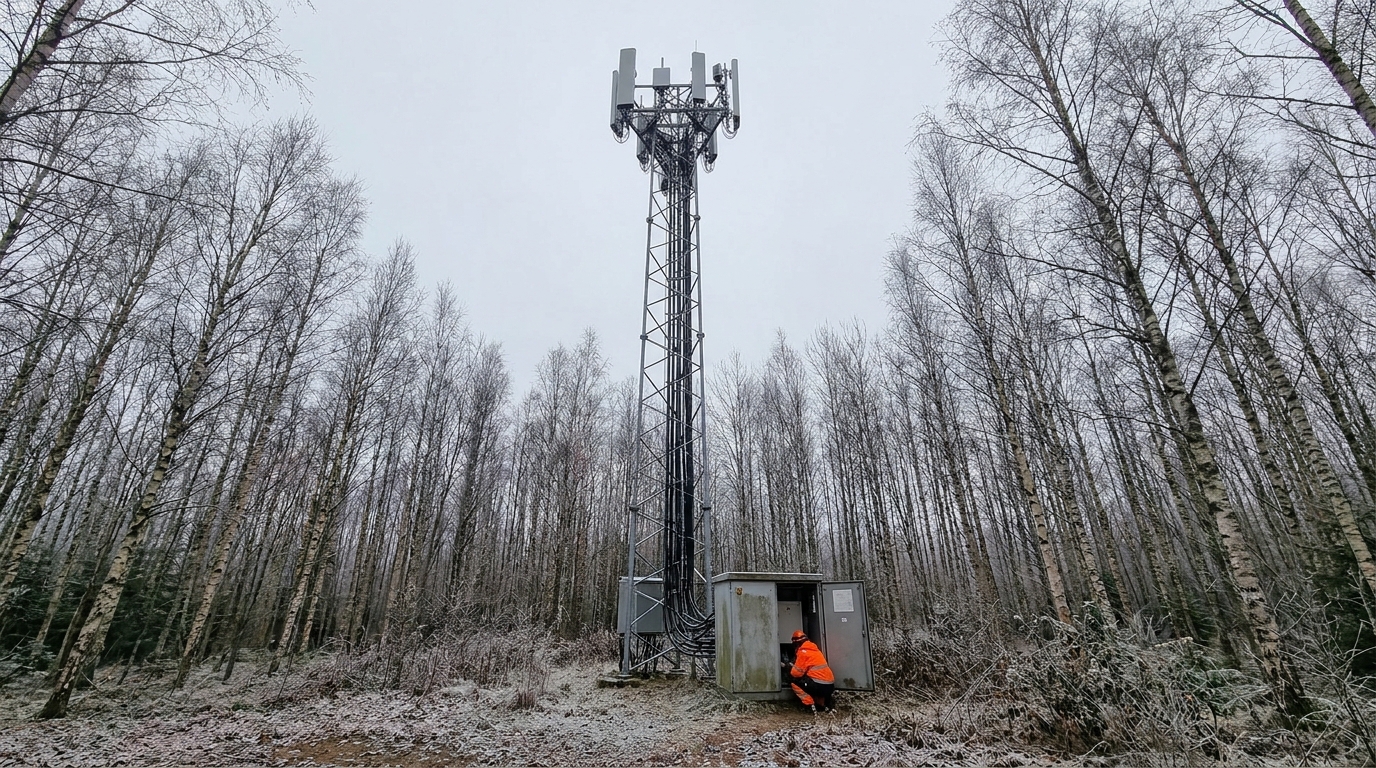 Sito radiomobile in un bosco di betulle: traliccio con antenne e unità radio in cima e un tecnico all'armadio apparati alla base