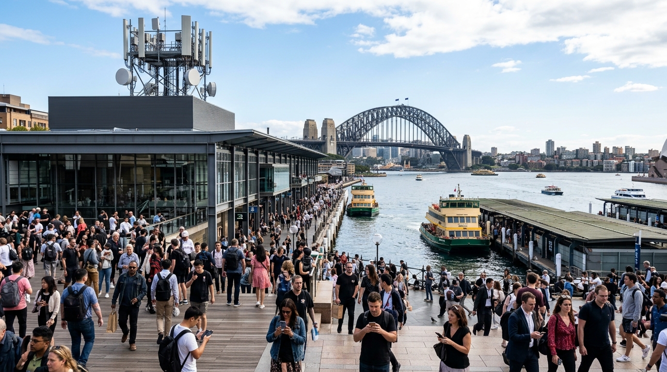 Folla con smartphone a Circular Quay, Sydney, con un'antenna di rete mobile sul tetto: l'AI-RAN di Ericsson nella rete viva di Optus