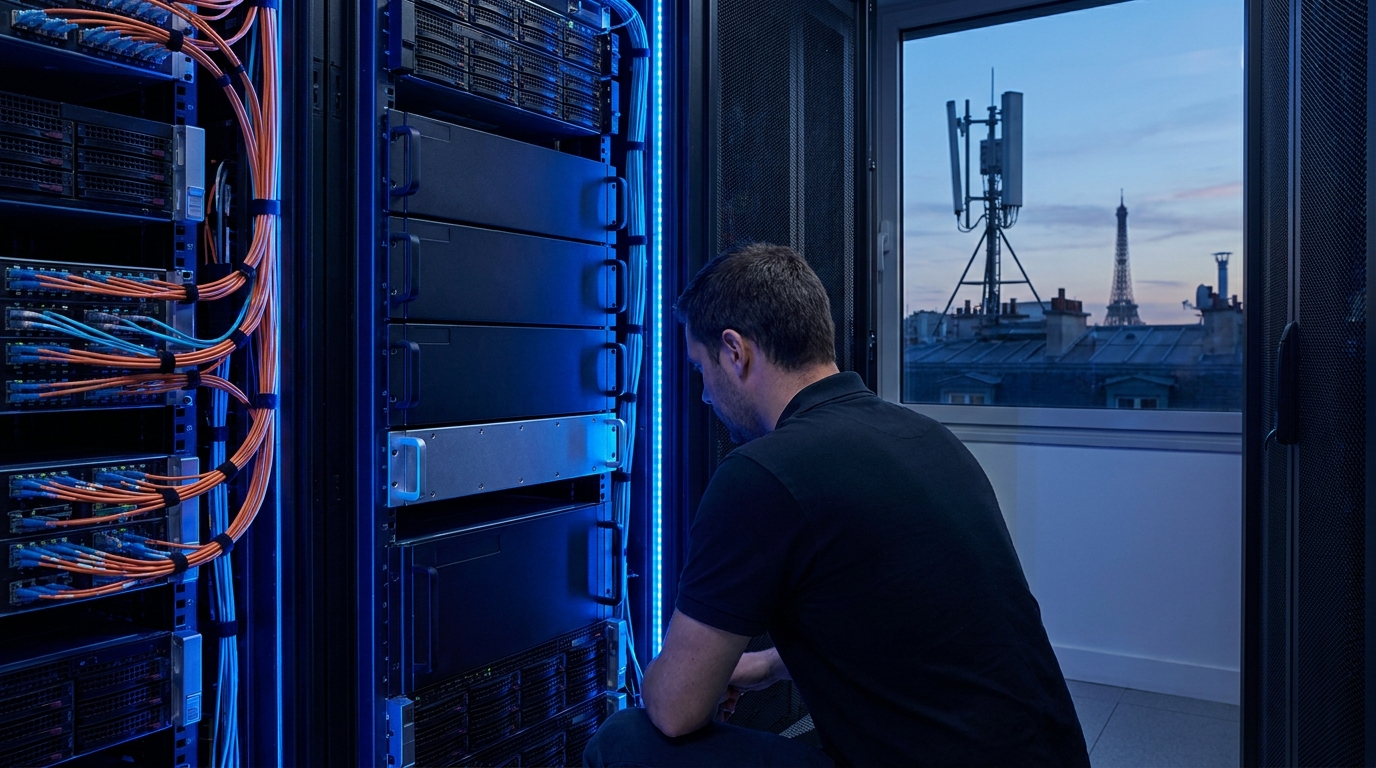 Ingegnere davanti a un rack con server di calcolo e baseband, con una BTS su un tetto di Parigi alla finestra: Orange porta l'AI-RAN di Nokia in test sulla rete viva