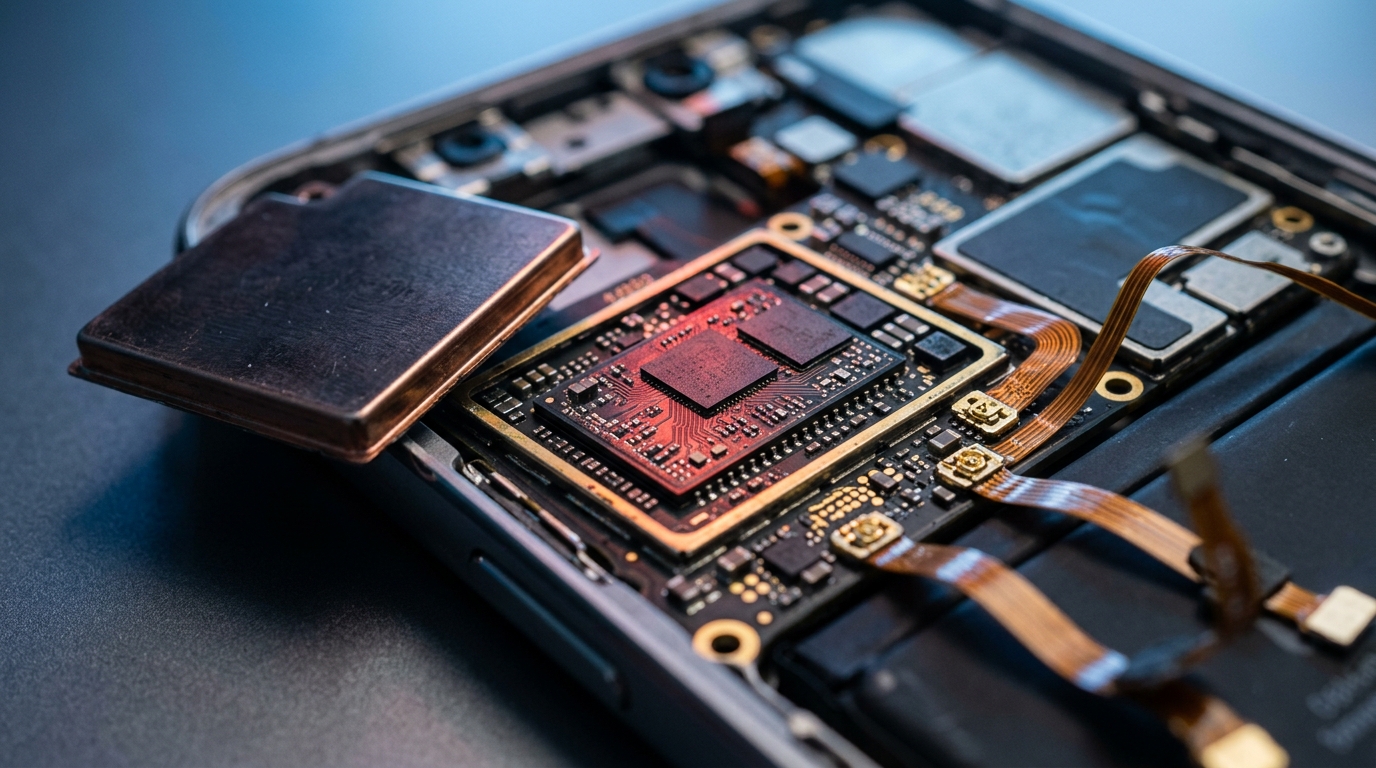 Interno di uno smartphone con il chip del modem cellulare scoperto, a illustrare la vulnerabilità del modem dei Google Pixel