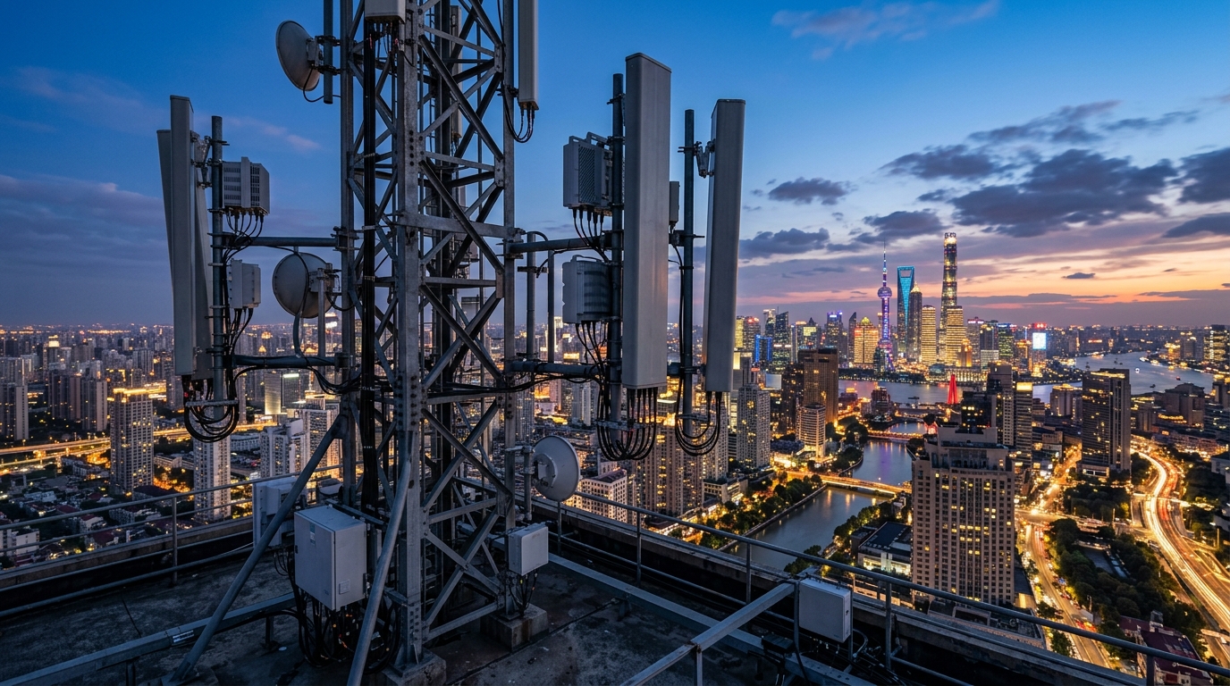 Antenne 5G su un tetto davanti allo skyline di una metropoli asiatica al crepuscolo: le previsioni 6G di GSMA Intelligence, 2,4 miliardi di connessioni nel 2035