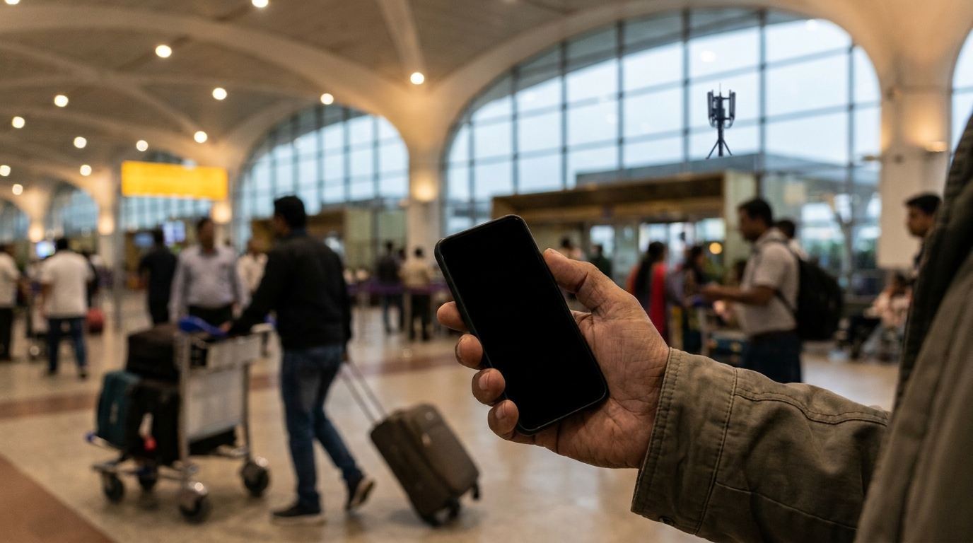 Viaggiatore con lo smartphone in mano nell'atrio di un aeroporto indiano: T-Mobile e Jio rivendicano il primo roaming 5G Standalone al mondo su rete viva