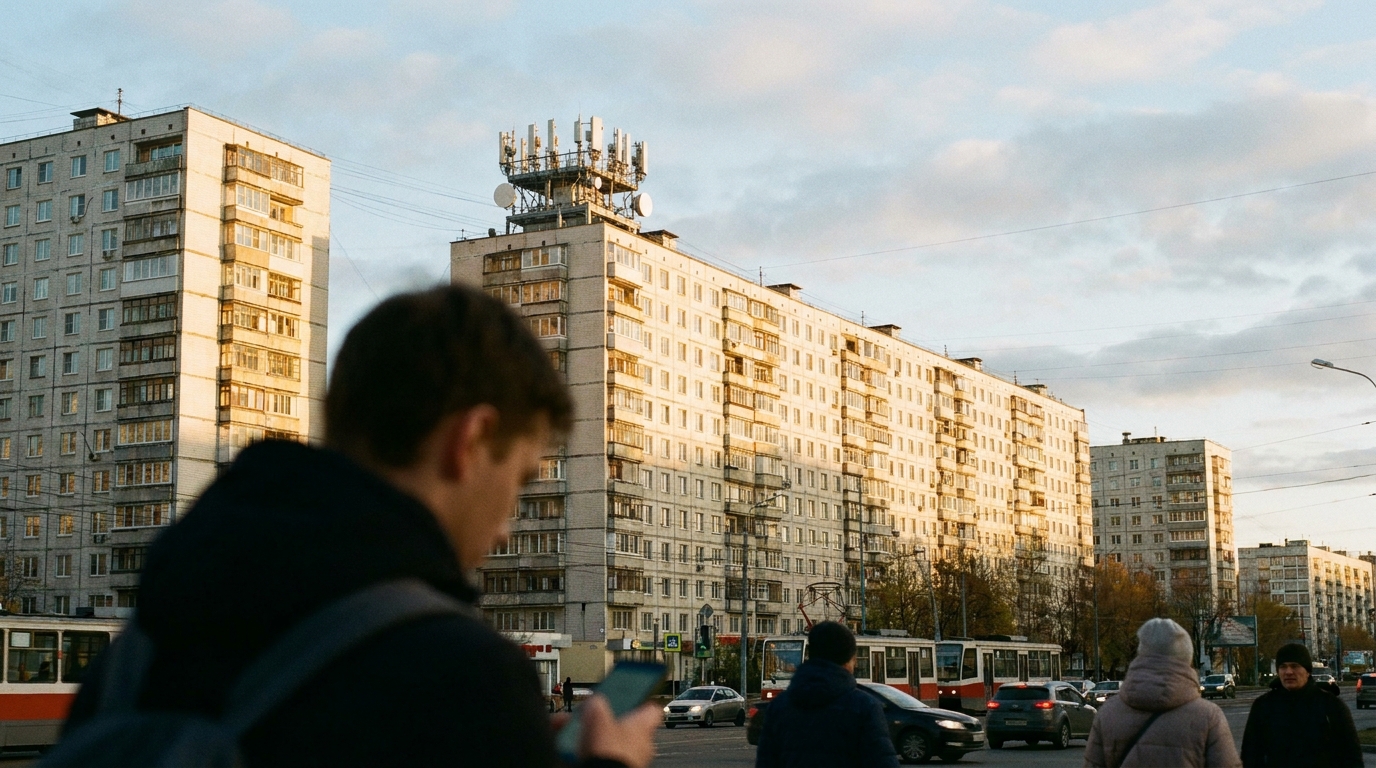 5G in Russia: sito di rete mobile con antenne 5G sul tetto di un palazzo residenziale in una grande città russa al tramonto, con una persona che guarda lo smartphone in primo piano