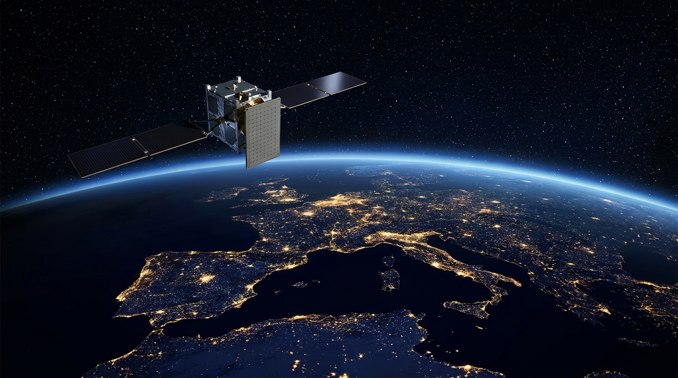 Piccolo satellite in orbita bassa sopra l'Europa di notte: Sateliot selezionata dall'ESA per lo strato Low-LEO di IRIS² con il progetto RESCUE-NET