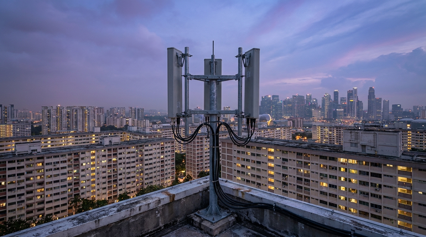BTS su un tetto di Singapore al crepuscolo, con i palazzi popolari e lo skyline: Simba ammette di aver usato la banda 2.300 MHz oltre i limiti dell'IMDA
