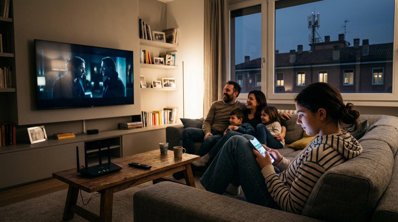 Famiglia sul divano davanti alla TV, una ragazza con lo smartphone e un router Wi-Fi sul tavolino: Sky Mobile diventa operatore virtuale su rete Fastweb+Vodafone