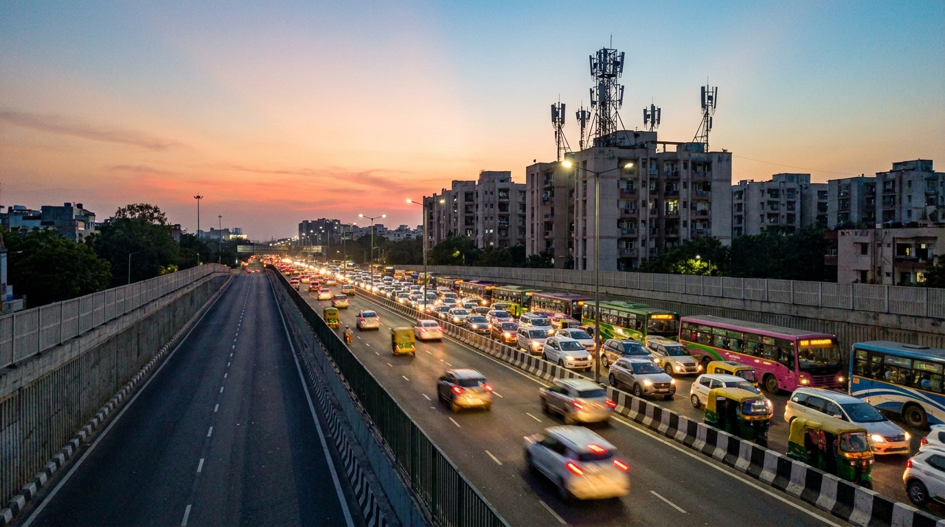 Slicing 5G in India: autostrada urbana congestionata con una corsia libera e antenne per telefonia mobile sui tetti al tramonto