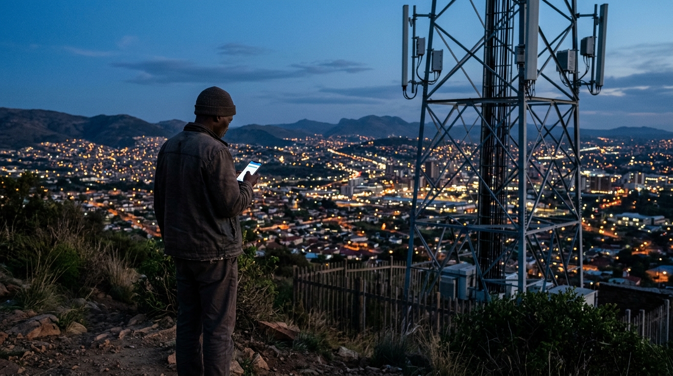 Un uomo guarda lo smartphone senza segnale accanto a un traliccio di rete mobile sopra una città africana al crepuscolo: gli spegnimenti di rete ordinati dai governi