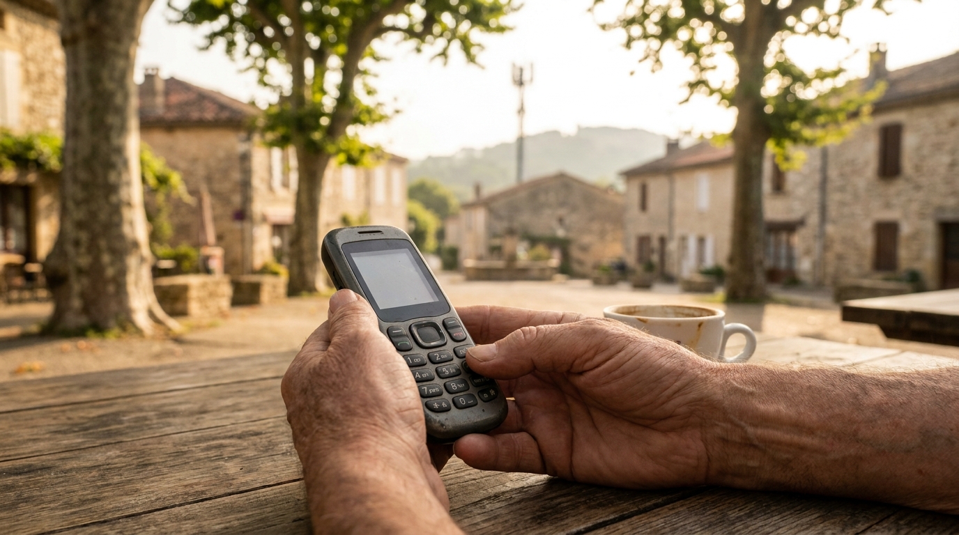 Mani anziane con un vecchio telefono a tasti al tavolo di un bar in un paese del sud-ovest della Francia: lo spegnimento del 2G in Francia è a tre mesi e restano 1,7 milioni di dispositivi solo 2G