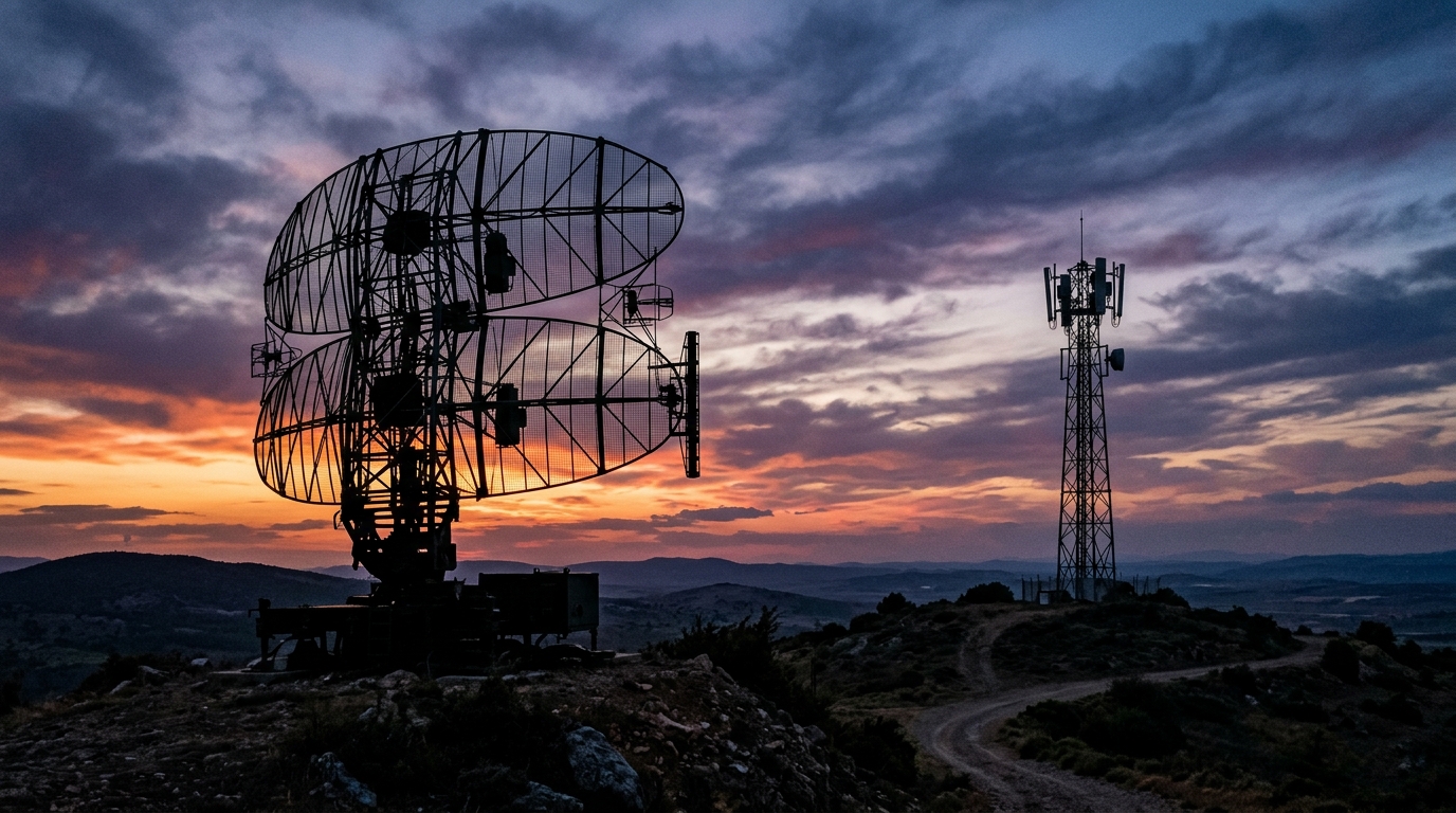 Un radar militare e una BTS di rete mobile sulla stessa collina al tramonto: lo spettro 6G conteso fra Difesa e operatori