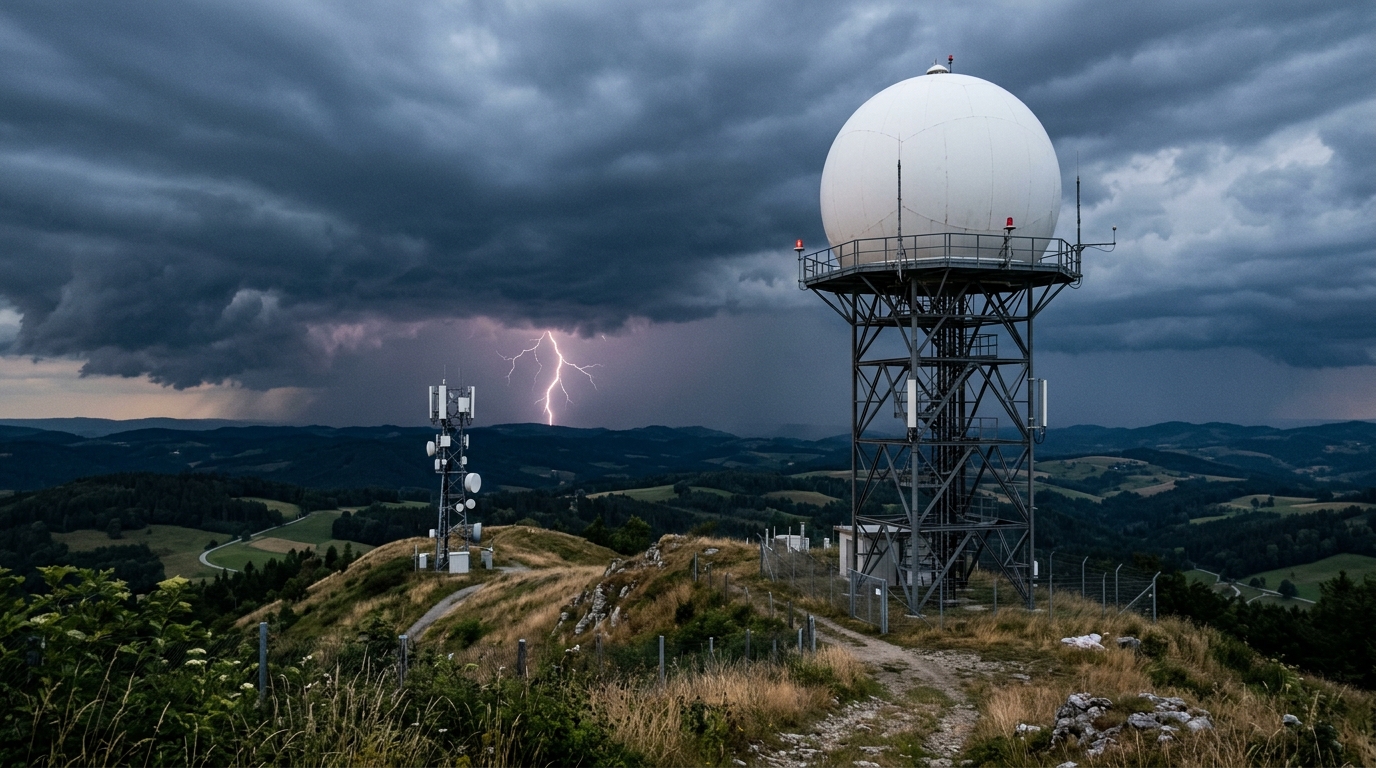 Radome di un radar meteorologico su una collina accanto a una BTS, con un temporale e un fulmine all'orizzonte: ITU e WMO chiedono di proteggere lo spettro per la meteorologia
