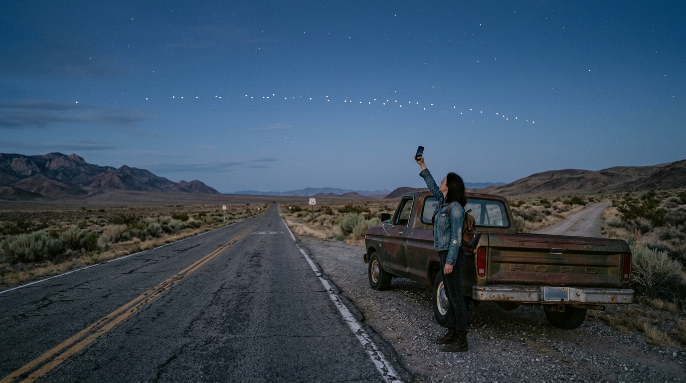 Starlink Mobile 2028: una donna accanto a un pickup su una strada deserta del sud-ovest americano alza lo smartphone verso un treno di satelliti in orbita bassa al crepuscolo