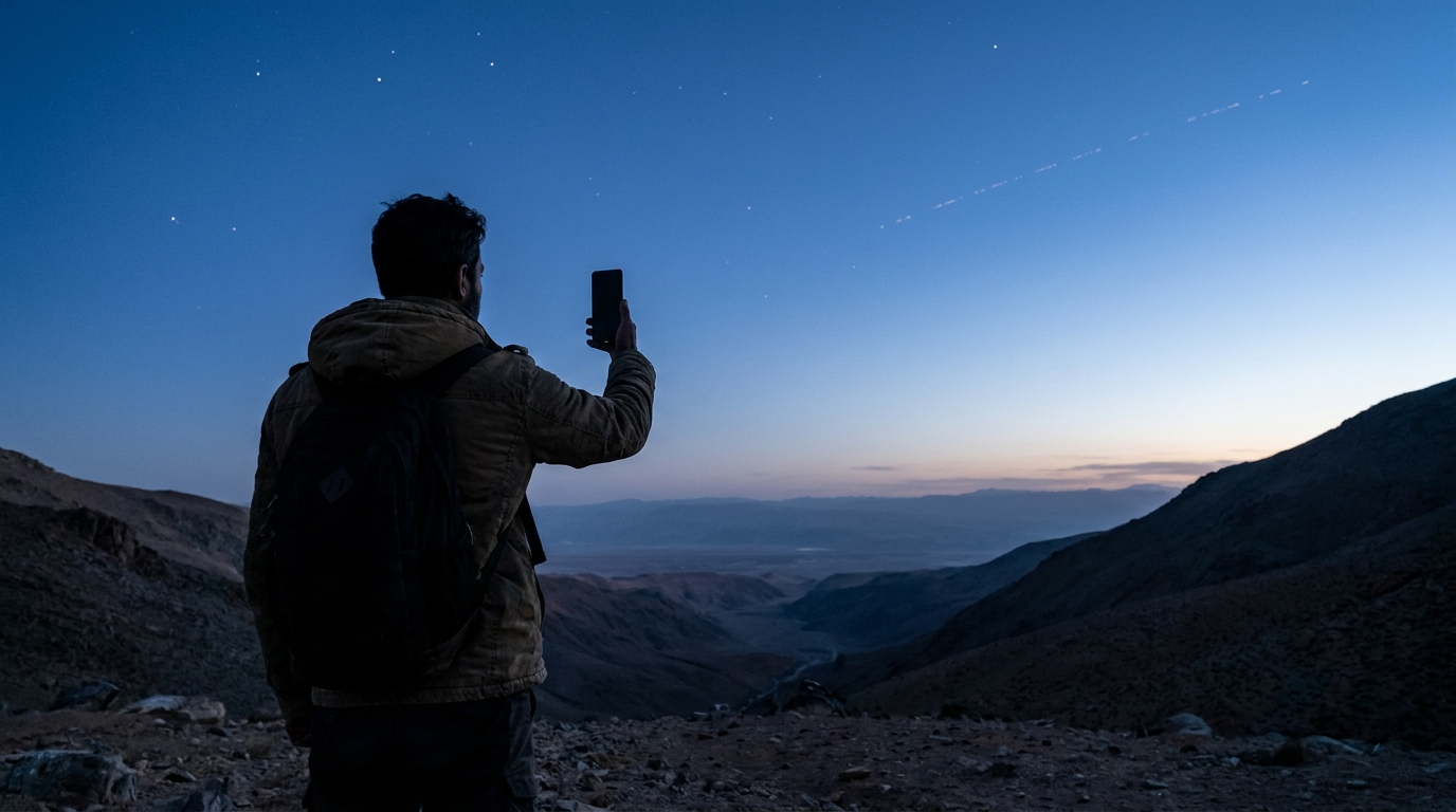 Escursionista su un passo di montagna alza lo smartphone verso una fila di satelliti al crepuscolo: Starlink Mobile ottiene dalla FCC la licenza di vettore internazionale