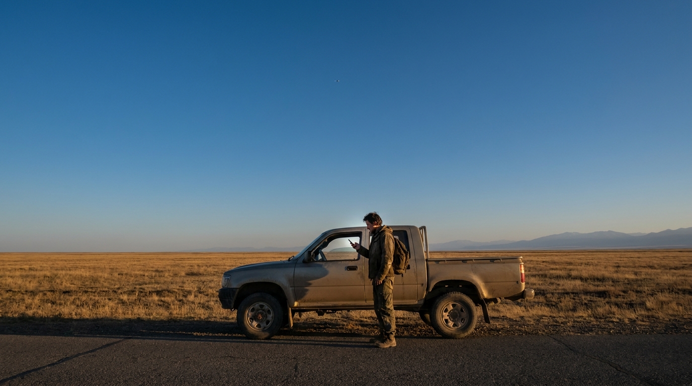 Starlink Mobile in Kazakistan: viaggiatore con lo smartphone accanto a un pick-up sulla strada nella steppa senza copertura