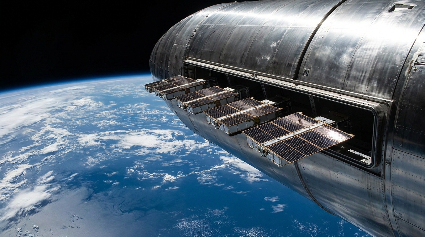 Starlink V3: satelliti rilasciati in fila dal portello di Starship in orbita sopra la Terra