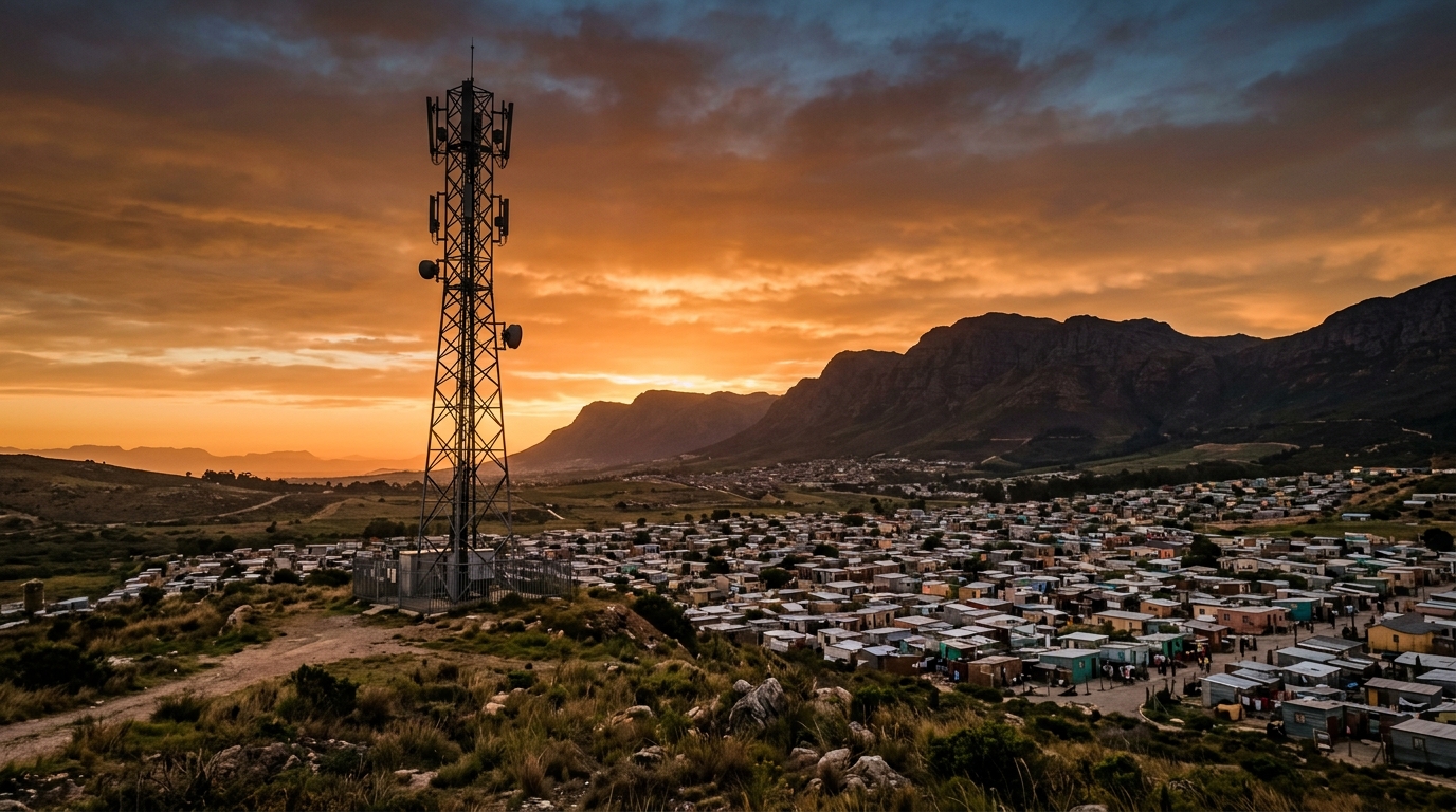 Traliccio di rete mobile su una collina sudafricana al tramonto con una township e le montagne: il Sudafrica libera lo spettro riservato alla WOAN