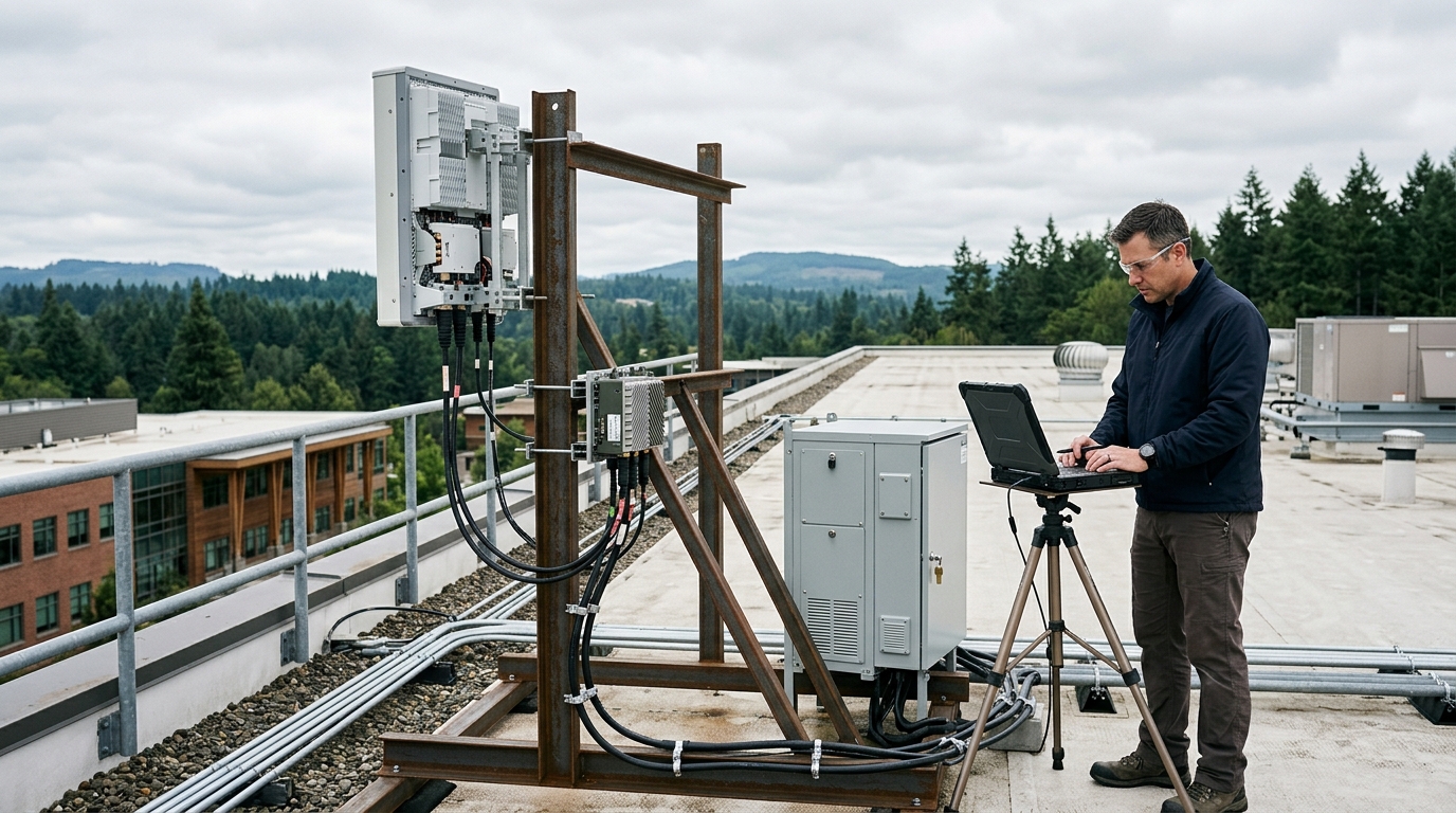 Antenna prototipo su un telaio di prova sul tetto di un edificio aziendale con un ingegnere al laptop: T-Mobile chiede alla FCC licenze sperimentali 6G a 2,7 e 4 GHz a Bellevue