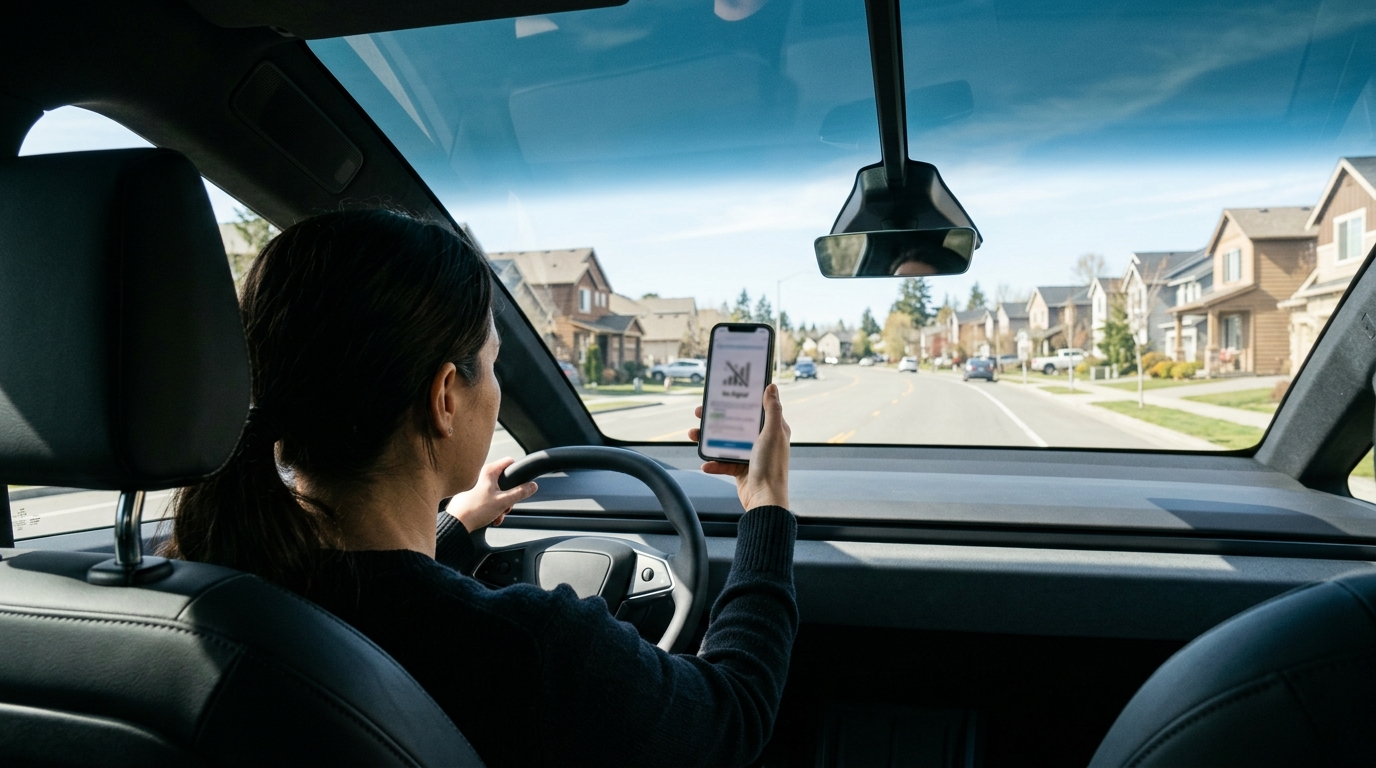 T-Mobile contro Starlink: una donna al volante di un'auto elettrica guarda lo smartphone senza segnale davanti al parabrezza, in un quartiere residenziale americano