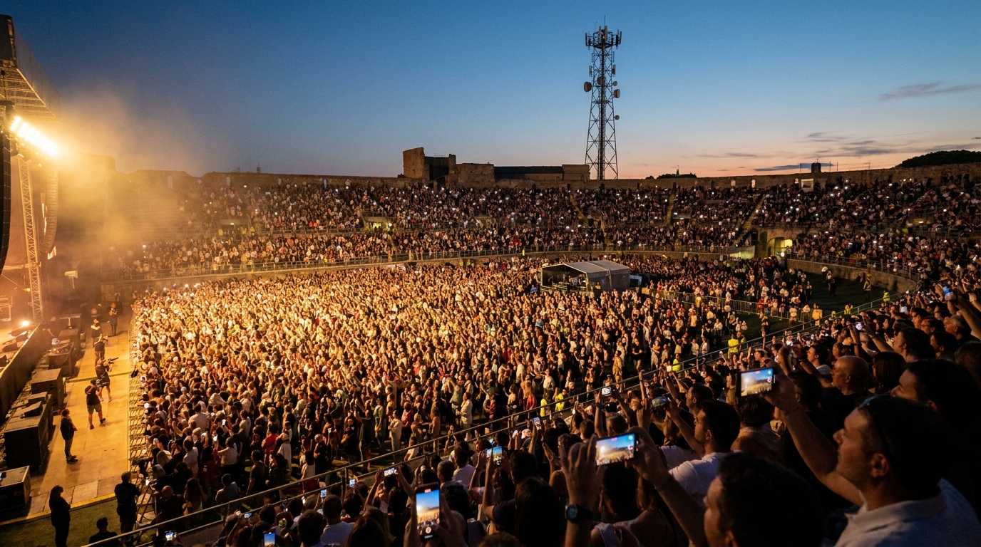 Folla a un concerto serale in uno stadio italiano con smartphone alzati e una BTS di telefonia mobile sullo sfondo: lo scenario di cella congestionata per cui TIM propone 5G Priority
