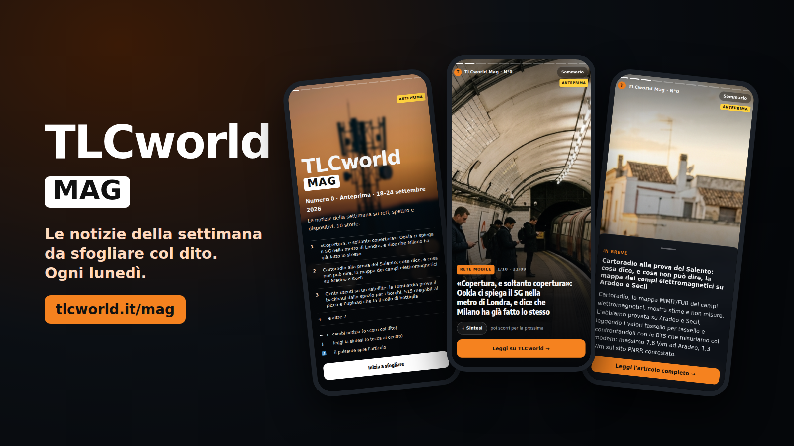 Tre smartphone mostrano TLCworld Mag: la copertina con una BTS sfocata, una storia a tutto schermo e la sintesi di un articolo