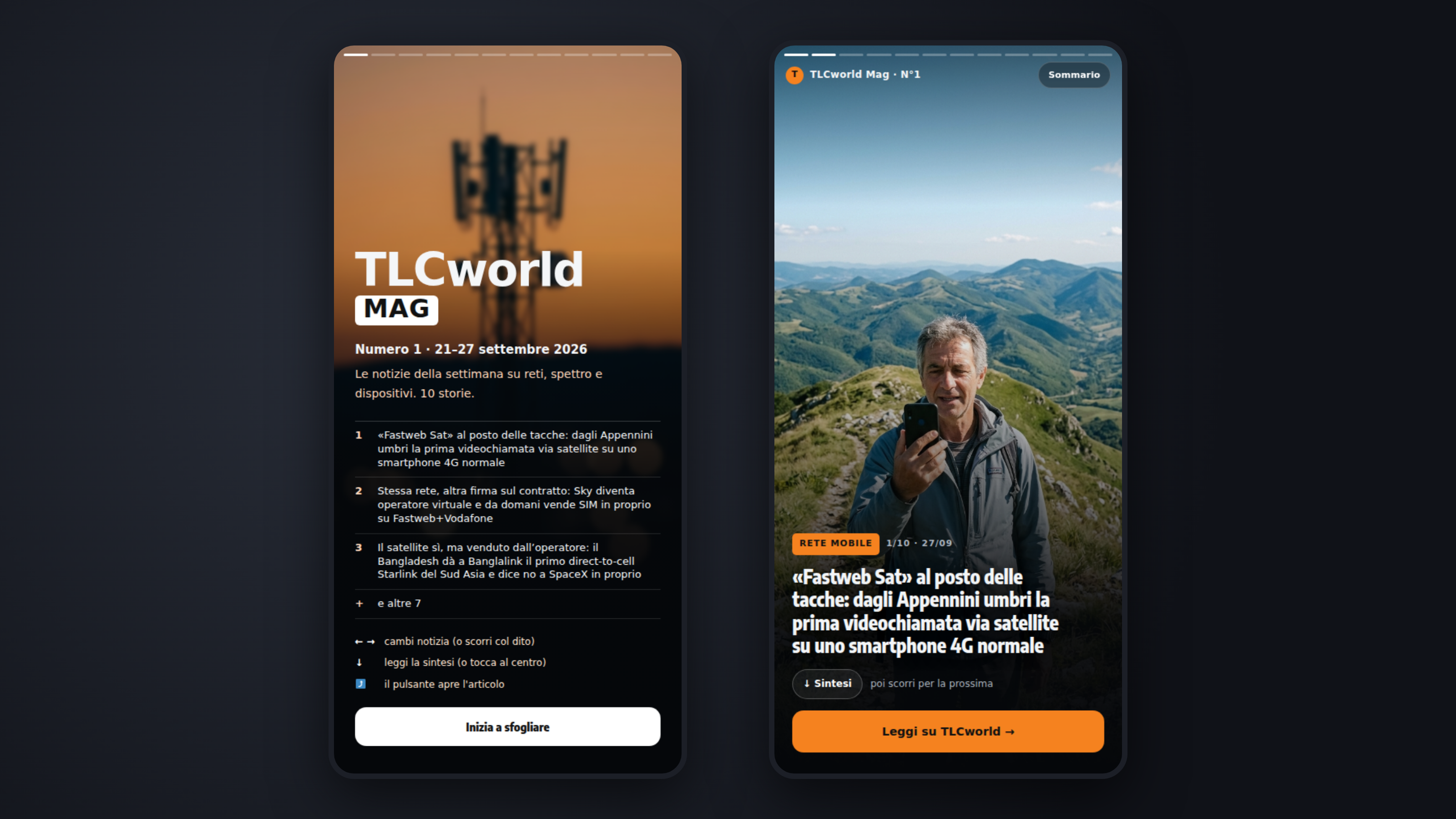 TLCworld Mag N°1: la copertina e la prima storia sulla videochiamata via satellite, due schermate del magazine settimanale su smartphone