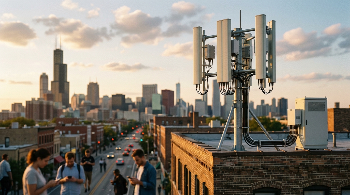 Stazione radio base 5G su un tetto con skyline americano al tramonto: il traffico dati mobile USA 2025 ha toccato 159,3 trilioni di MB secondo CTIA