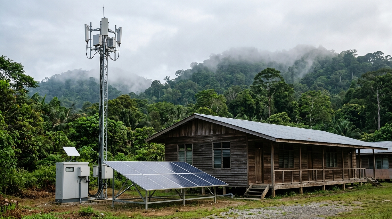 Palo con antenne 5G, pannelli solari e antenna satellitare accanto a una scuola rurale nel Borneo: il sito 5G solare off-grid di U Mobile e ZTE