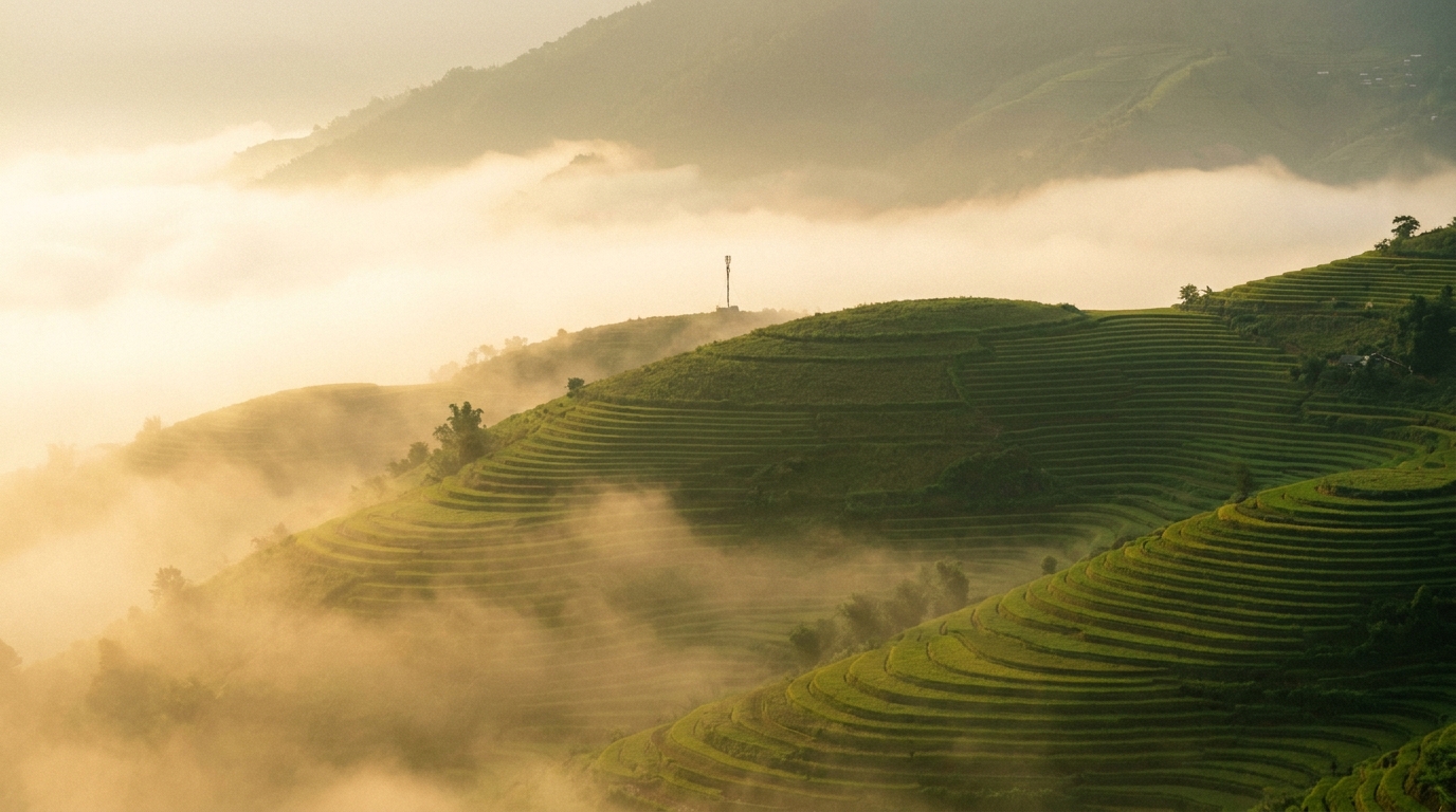 Risaie a terrazze del Vietnam all'alba con un'antenna lontana: lo spegnimento del 2G in Vietnam libera i 900 MHz per 4G e 5G
