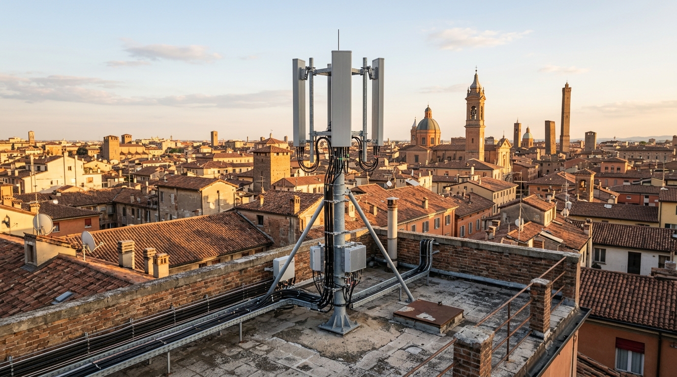 Sito radiomobile con antenne a pannello grigie sul tetto di un palazzo in una città del Nord Italia al tramonto: la B7 a 2600 MHz di Fastweb + Vodafone sparisce da centinaia di siti