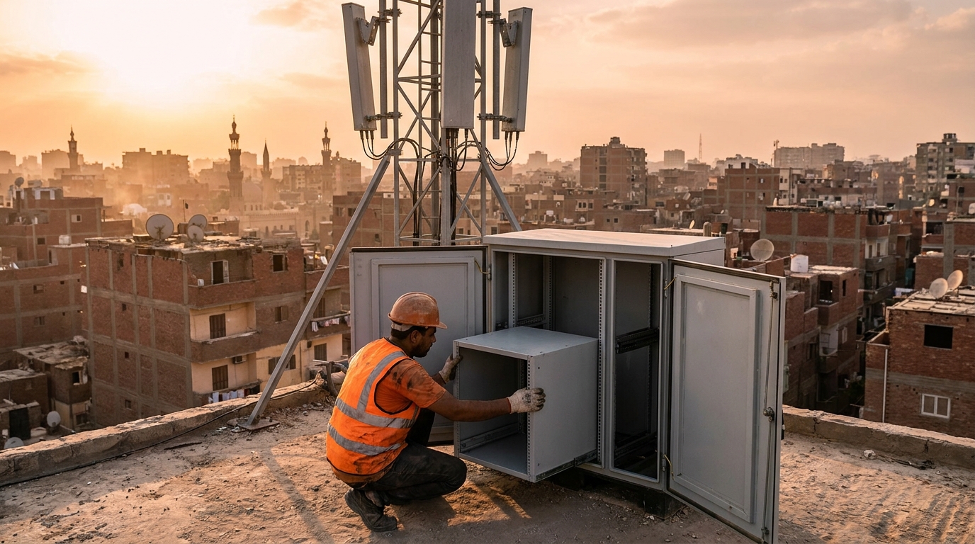Tecnico al lavoro sull'armadio apparati di una BTS su un tetto del Cairo al tramonto: Vodafone Egypt installa il RAN Processor 6672 di Ericsson con AI nel sito radio