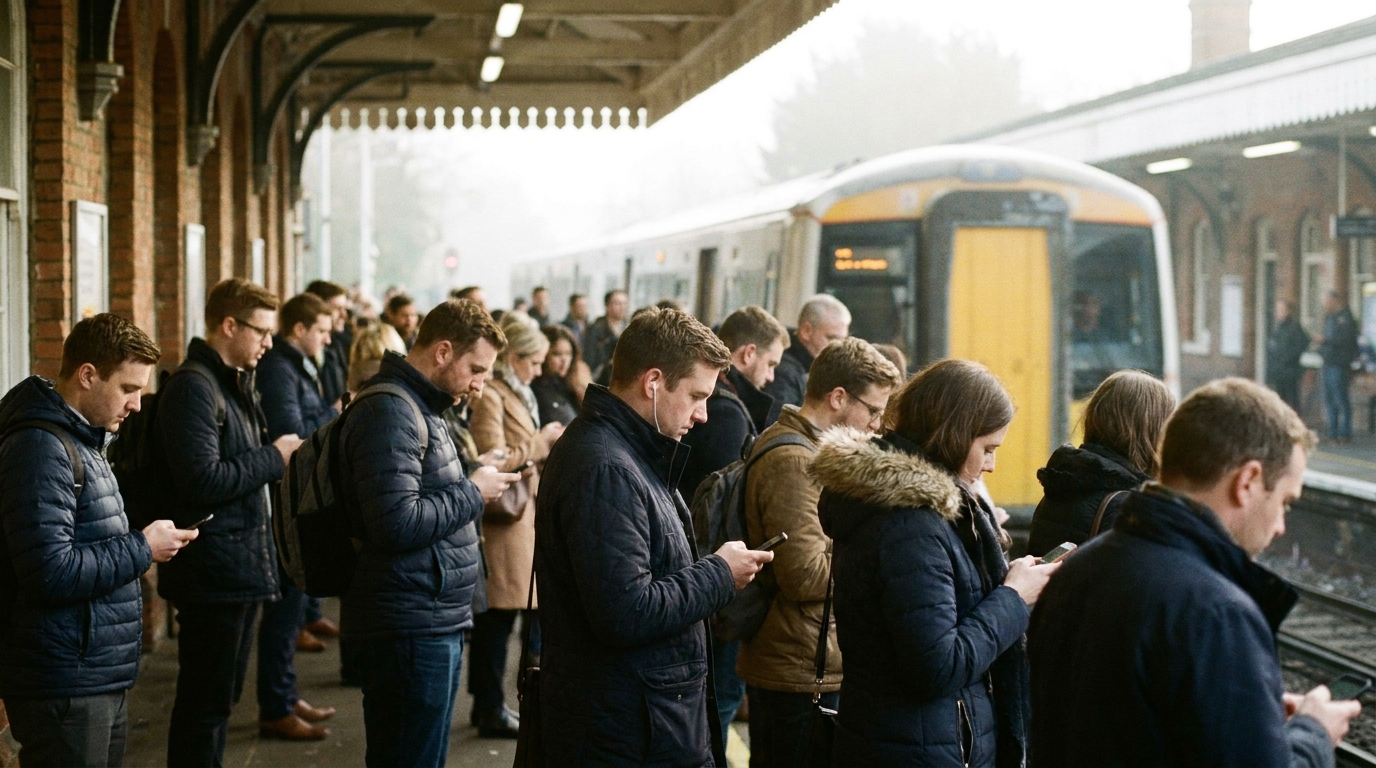 Pendolari in attesa del treno su una banchina affollata guardano lo smartphone: Vodafone SuperMobile promette con lo slicing 5G una corsia veloce garantita nei momenti di congestione