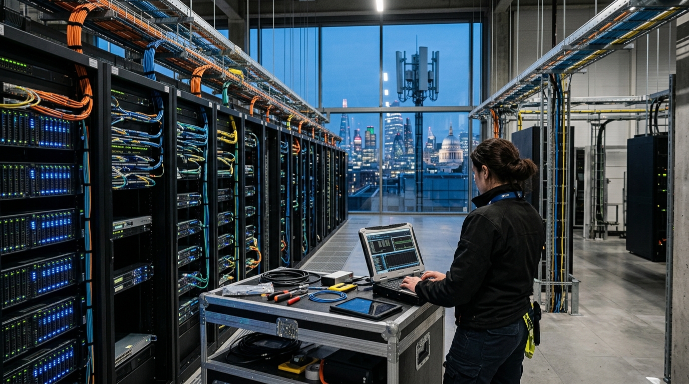 Ingegnere di rete in un data center con rack di server e vista su Londra: la nuova core 5G cloud-native di VodafoneThree fornita da Ericsson