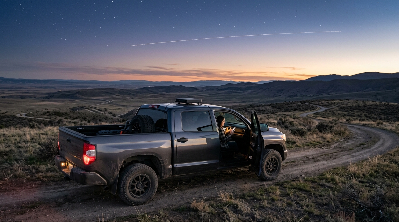 Pickup fermo su una strada sterrata al tramonto con un piccolo amplificatore weBoost Sky sul tetto, per il satellite direct-to-cell dall'auto