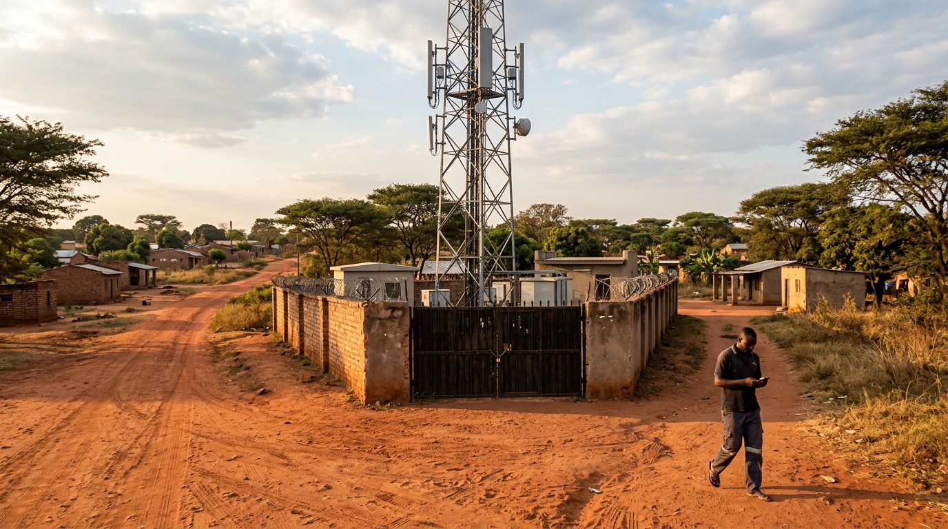 Traliccio con antenne di telefonia mobile dentro un recinto murato alla periferia di Lusaka: in Zambia la ZICTA ha revocato la licenza al quarto operatore mobile Beeline Telecoms