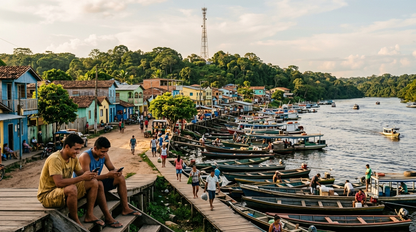 Cittadina fluviale dell'Amazzonia brasiliana con barche, case colorate e due ragazzi che guardano lo smartphone, un traliccio lontano sulla collina: l'asta 6 GHz dell'Anatel con l'obbligo di data center regionali