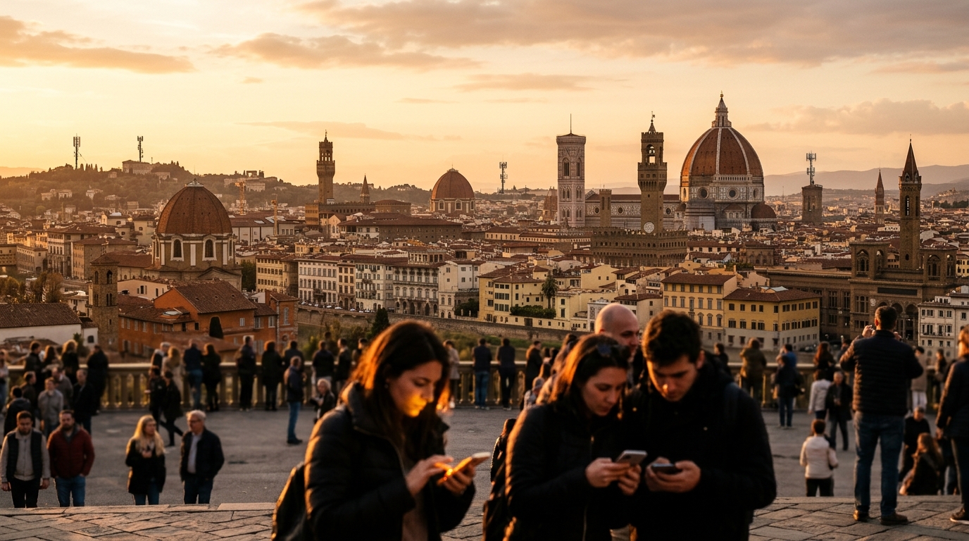 Persone con lo smartphone su una terrazza panoramica di una città italiana, antenne della rete mobile sulle colline: il rinnovo delle frequenze mobili fino al 2037