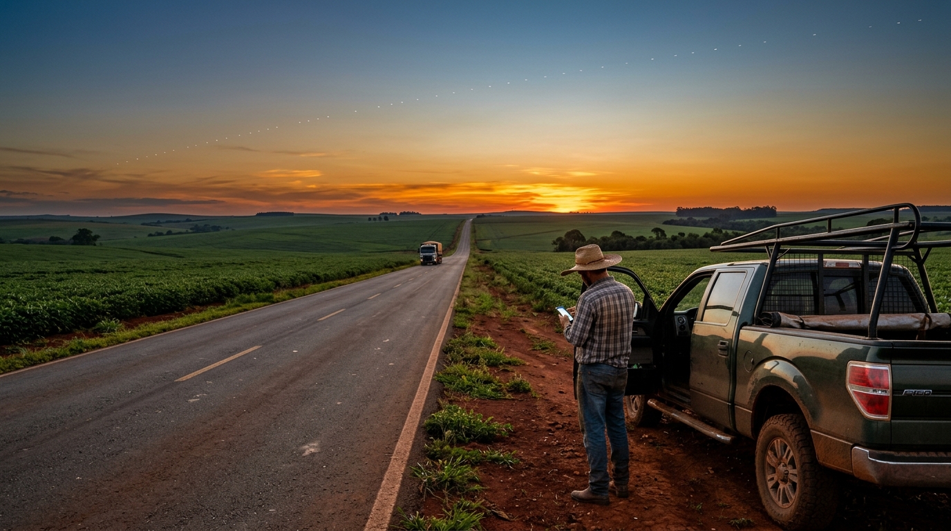 Strada tra i campi del Brasile al tramonto con un agricoltore che guarda lo smartphone e una scia di satelliti nel cielo: AST SpaceMobile Brasile, l'Anatel autorizza banda S e 700 MHz per il direct-to-device