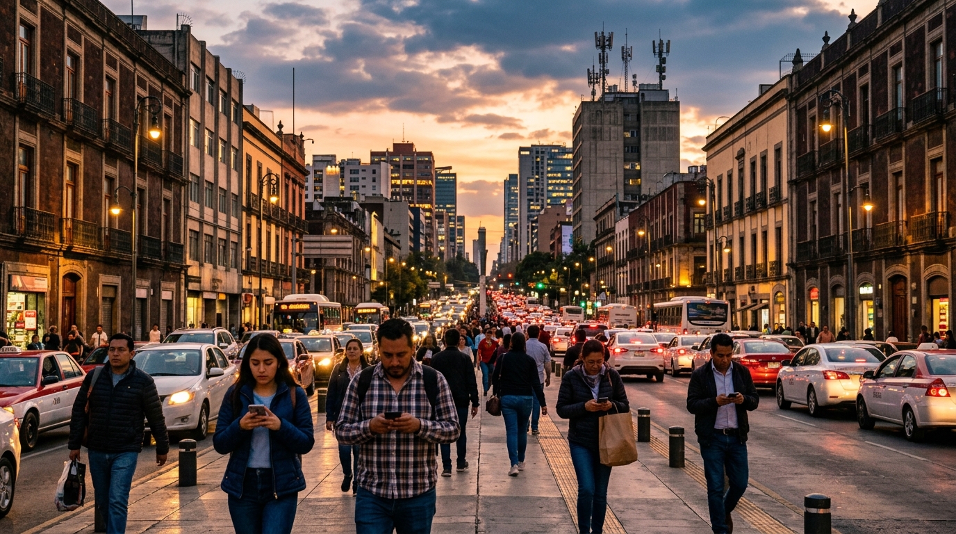 Strada di Città del Messico al tramonto con persone al telefono e antenne della rete mobile su un palazzo: AT&T México ottiene la banda 3,5 GHz per il 5G mobile