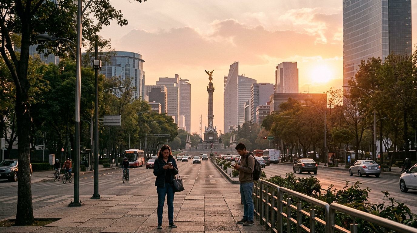 Vendita AT&T Mexico: skyline di Città del Messico al tramonto con il Paseo de la Reforma e persone che usano lo smartphone