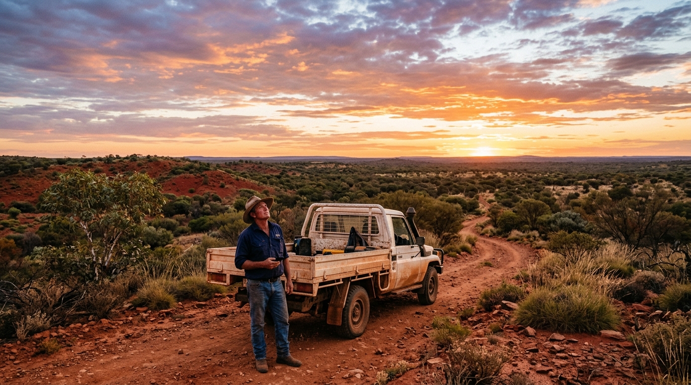 Copertura mobile universale in Australia: un agricoltore nell'outback con lo smartphone in mano guarda il cielo aperto al tramonto