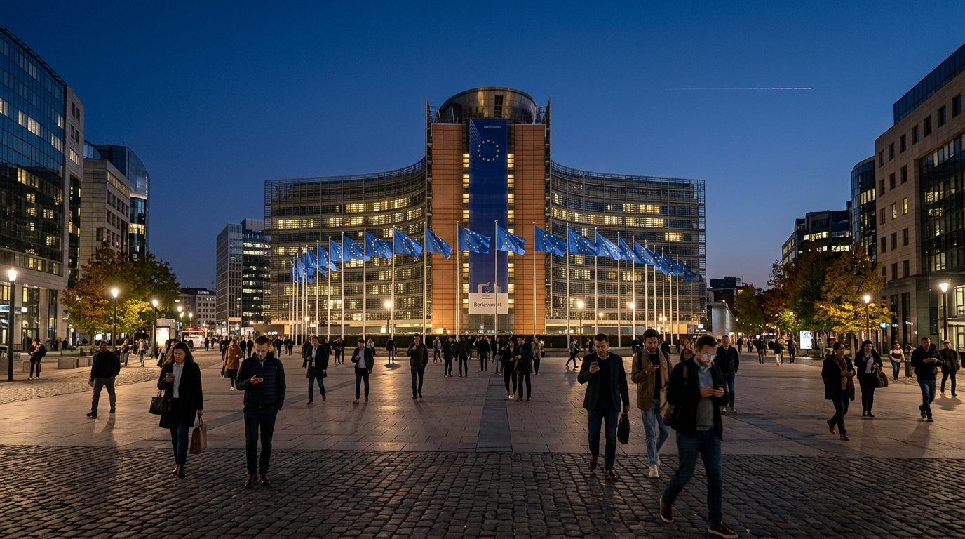 Banda 2 GHz satellitare: piazza del quartiere europeo a Bruxelles al tramonto con bandiere UE e persone che usano lo smartphone