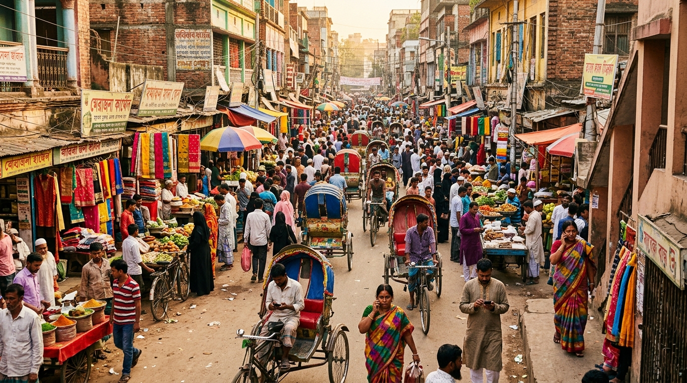 Spegnimento 2G in Bangladesh: strada affollata di Dacca con persone che usano telefoni a tasti e smartphone