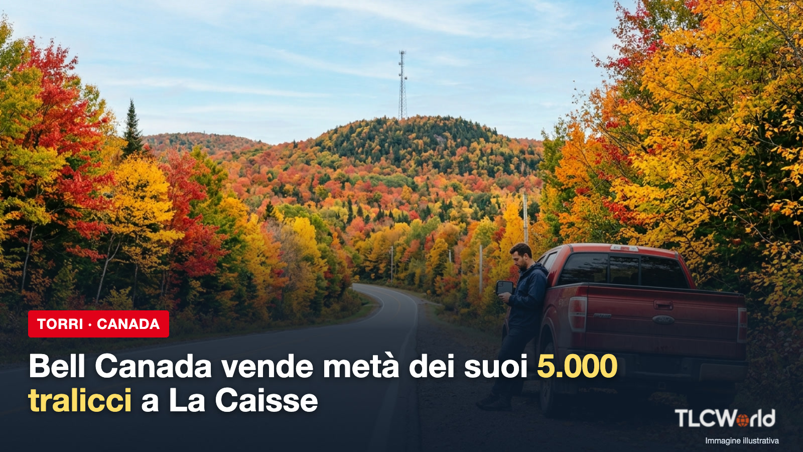 Copertina TLCworld: Bell Canada vende metà dei suoi 5.000 tralicci a La Caisse, strada d'autunno in Québec con traliccio sulla collina