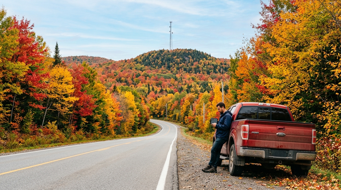 Uomo con lo smartphone accanto a un pick-up su una strada d'autunno in Québec, con un traliccio di telecomunicazioni lontano sulla collina: Bell Canada cede il 49,9% della sua TowerCo a La Caisse