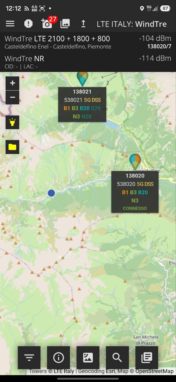 Schermata dell'app LTE Italy con il telefono agganciato al sito WindTre Casteldelfino Enel in LTE 2100, 1800 e 800 MHz e 5G DSS su n3