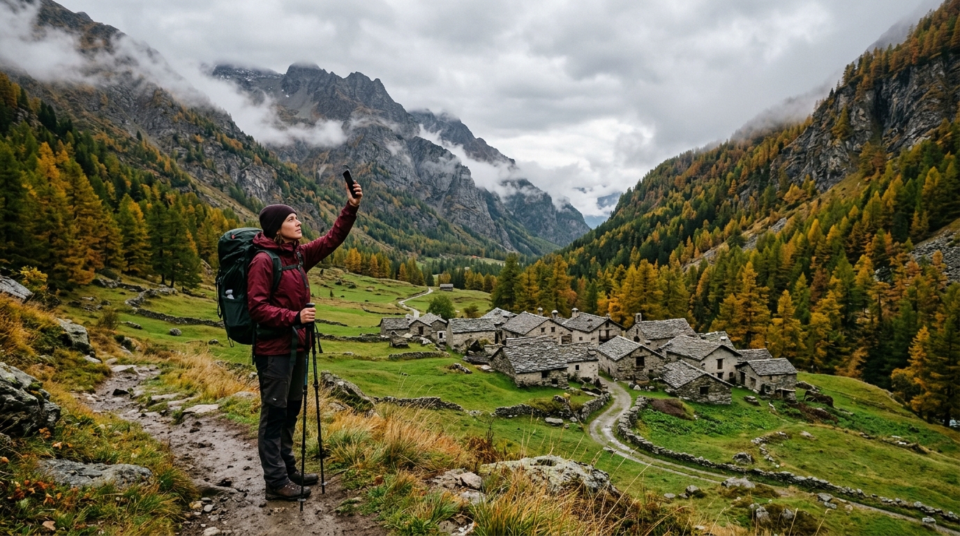 Escursionista con lo smartphone alzato in cerca di segnale in una valle alpina con una borgata in pietra: la copertura mobile a Bellino in Valle Varaita