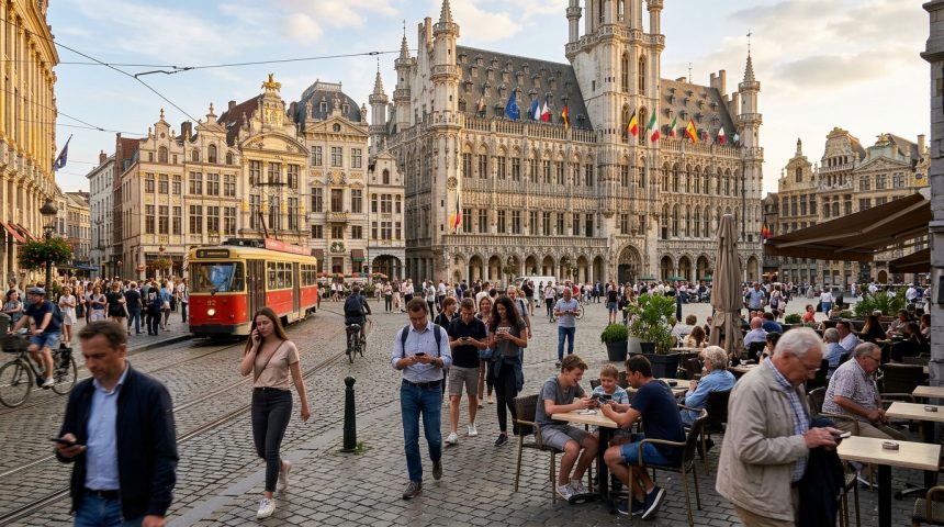 Piazza storica europea affollata al tramonto con persone che usano lo smartphone e bandiere di diversi Paesi UE: il rapporto BEREC sul consolidamento delle telco europee