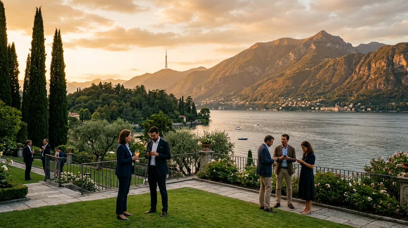 Giardino di una villa sul lago di Como al tramonto con persone in abito da lavoro che guardano lo smartphone e un traliccio alto e lontano sul crinale: Butti al Digital Innovation Forum sulle frequenze mobili