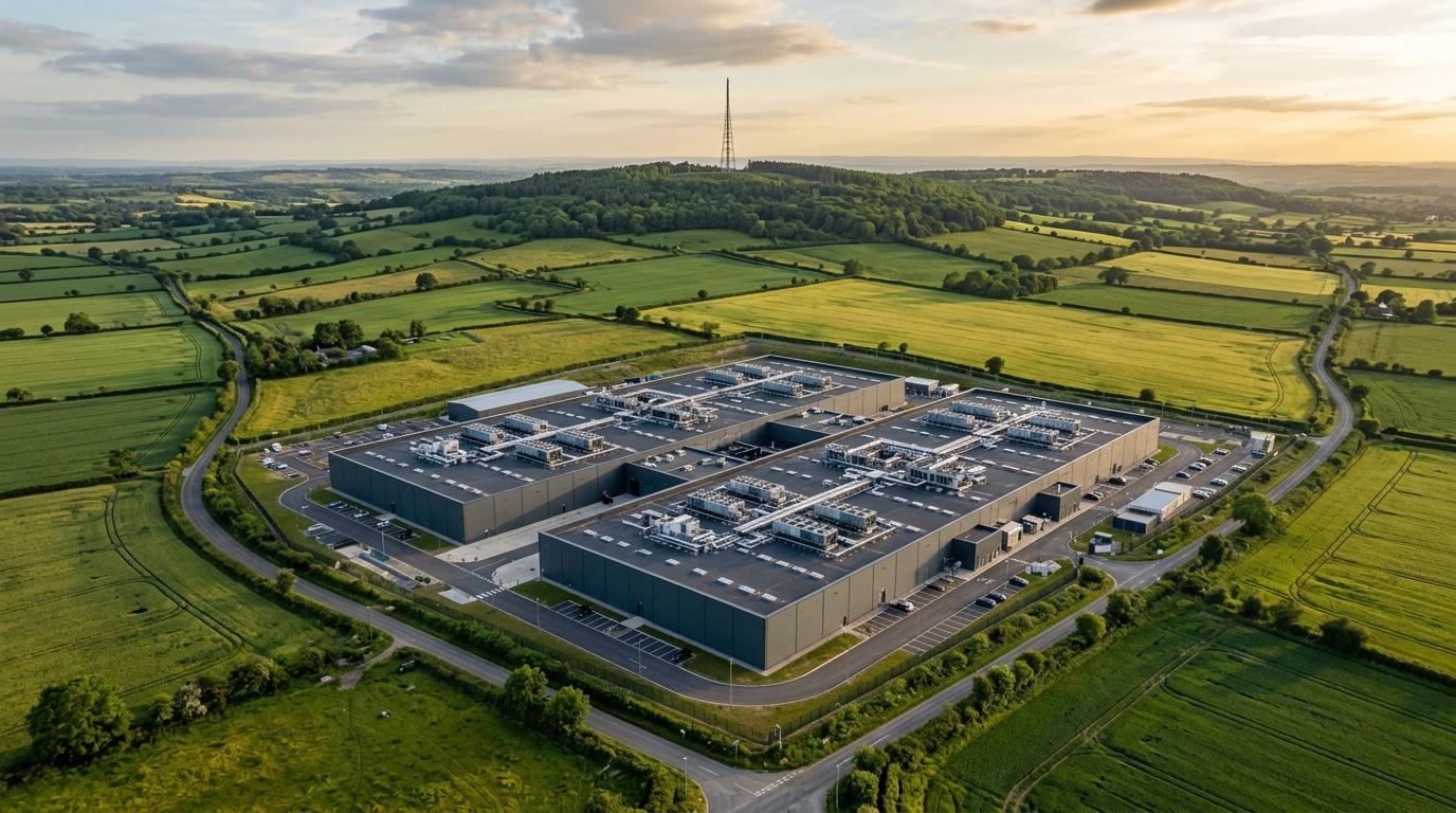 Vista aerea di un grande data center tra i campi al tramonto, con un traliccio delle telecomunicazioni lontano su una collina: il capex telecom cresce nel 1H26 ma la spinta arriva da cloud e AI, non dalle reti mobili